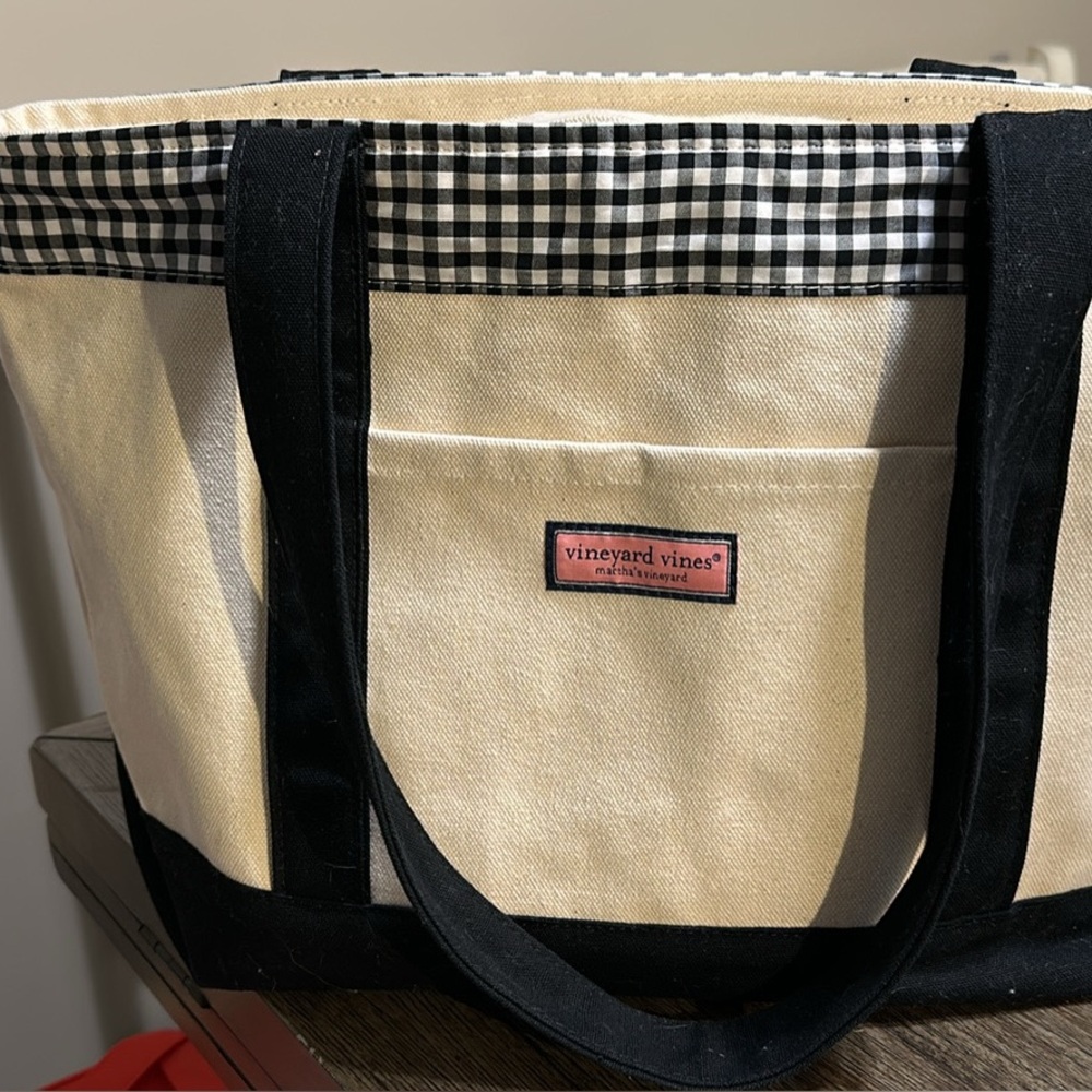 Vineyard Vines Black and Cream Checkered Tote